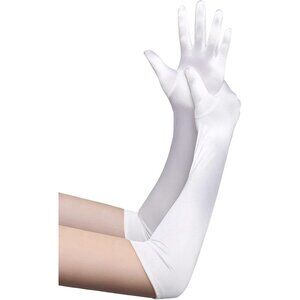 Women's White Long Opera Party 20s Satin Gloves Stretchy Arm Cover Elbow Length